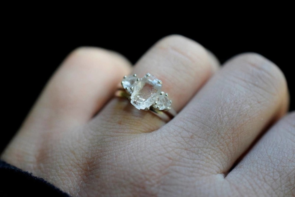 Wedding Set Oxidized or Bright Silver Ring Raw Stone Engagement Rings - Picture 3 of 10